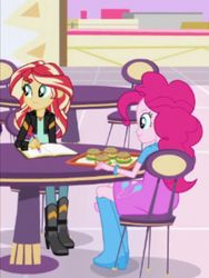 Size: 1536x2048 | Tagged: safe, screencap, pinkie pie, sunset shimmer, equestria girls, equestria girls specials, g4, mirror magic, burger, chair, cute, duo, female, food, geode of empathy, journal, magical geodes, pen, table, tray
