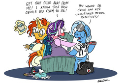 Size: 2401x1620 | Tagged: safe, artist:bobthedalek, starlight glimmer, sunburst, trixie, pony, unicorn, bag, bed, bipedal, blushing, caring for the sick, clothes, cold, cup, dialogue, doctor, eyes closed, female, food, levitation, magic, male, mare, open mouth, pointing, rectal thermometer, red nosed, sick, simple background, stallion, tea, teacup, teapot, telekinesis, thermometer, tissue, tissue box, trio, white background