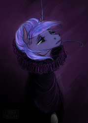 Size: 1000x1400 | Tagged: safe, artist:hengebellika, princess luna, pony, g4, alternate hairstyle, clothes, collar, crying, dress, elizabethan, female, hair accessory, hair bun, jewelry, mare, necklace, ruff (clothing), sad, signature, simple background, solo