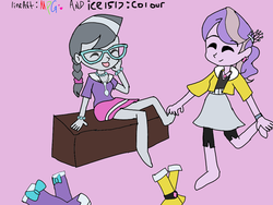 Size: 1024x768 | Tagged: safe, artist:icicle-niceicle-1517, artist:sanjixxzoro, diamond tiara, silver spoon, equestria girls, g4, adorabullies, boots, bracelet, braid, clothes, collaboration, colored, compression shorts, cute, duo, eyes closed, feet, glasses, jewelry, necklace, pink background, shoes, simple background, sketch, skirt, tickling