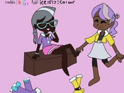 Size: 1024x768 | Tagged: safe, alternate version, artist:icicle-niceicle-1517, artist:sanjixxzoro, diamond tiara, silver spoon, human, equestria girls, g4, adorabullies, boots, bracelet, clothes, collaboration, colored, compression shorts, cute, dark skin, duo, eyes closed, feet, glasses, humanized, jewelry, necklace, pink background, shoes, simple background, sketch, skirt, tickling