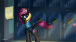 Size: 2000x1110 | Tagged: safe, artist:dedelner, oc, oc only, oc:neon flare, pegasus, pony, butt, clothes, female, goggles, lockers, looking back, mare, plot, solo, tongue out, uniform, wonderbolt trainee uniform