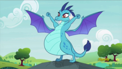 Size: 1920x1080 | Tagged: safe, artist:neongothic, edit, edited screencap, screencap, princess ember, dragon, g4, triple threat, belly, big belly, bloated, day, discovery family logo, dragonlard ember, fat, fat edit, female, horns, hungry, inflation, not pregnant, outdoors, sky, solo, spread wings, standing, story included, weight gain, wings
