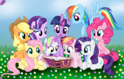 Size: 2000x1270 | Tagged: safe, artist:liniitadash23, applejack, coconut cream, fluttershy, pinkie pie, rainbow dash, rarity, starlight glimmer, toola roola, twilight sparkle, alicorn, earth pony, pony, unicorn, fame and misfortune, g4, book, female, filly, flower, flying, freckles, friendship journal, hat, levitation, magic, mane six, mare, open mouth, reading, show accurate, stetson, telekinesis, twilight sparkle (alicorn)