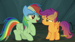 Size: 864x486 | Tagged: safe, screencap, rainbow dash, scootaloo, pegasus, pony, campfire tales, g4, animated, blinking, crouching, cute, daaaaaaaaaaaw, discovery family, discovery family logo, eyes closed, female, filly, foal, folded wings, gif, hug, logo, mare, nodding, scootalove, sisterly love, spread wings, talking, the cmc's cutie marks, wings