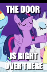 Size: 400x610 | Tagged: safe, fluttershy, rainbow dash, rarity, twilight sparkle, alicorn, pegasus, pony, unicorn, g4, eyes closed, flawless, gtfo, image macro, meme, pointing, smiling, solo focus, twilight sparkle (alicorn)