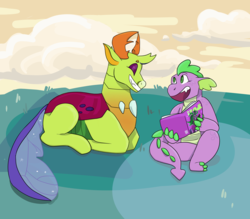 Size: 4000x3500 | Tagged: safe, artist:flyingeevee, spike, thorax, changedling, changeling, dragon, g4, baby, baby dragon, book, claws, cloud, comic book, cute, field, fingernails, grin, king thorax, male, prone, reading, sitting, smiling, spikabetes, thorabetes, toenails