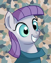 Size: 808x988 | Tagged: safe, artist:docwario, maud pie, earth pony, pony, g4, bust, female, grin, irrational exuberance, out of character, portrait, smiling, solo, when she smiles