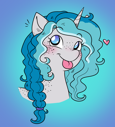 Size: 2013x2228 | Tagged: safe, artist:askbubblelee, oc, oc only, oc:bubble lee, oc:imago, pony, unicorn, body freckles, cute, female, freckles, heart, high res, mare, ocbetes, smiling, solo, style emulation, tongue out