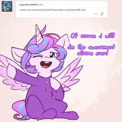 Size: 720x720 | Tagged: safe, artist:cosmalumi, princess flurry heart, alicorn, pony, g4, ask, clothes, cute, dialogue, flurrybetes, flurryheart-babbles, looking at you, one eye closed, open mouth, pajamas, simple background, solo, spread wings, tumblr, wings