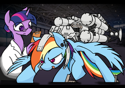Size: 6082x4300 | Tagged: safe, artist:zemlya, rainbow dash, twilight sparkle, pegasus, pony, unicorn, g4, absurd resolution, armored core, clipboard, clothes, crossover, duo, duo female, female, glasses, lab coat, machine, open mouth, pixiv, this will end in pain, xk-class end-of-the-world scenario