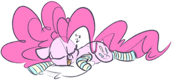 Size: 2037x947 | Tagged: safe, artist:hattsy, pinkie pie, earth pony, pony, g4, clothes, female, pillow, simple background, sketch, sleeping, socks, solo, striped socks, tongue out, white background, zzz