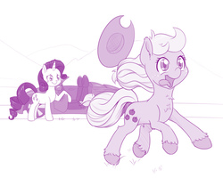 Size: 1000x798 | Tagged: safe, artist:dstears, applejack, rarity, earth pony, pony, unicorn, g4, atg 2017, behaving like a dog, car, chest fluff, cowboy hat, crying, duo, female, hat, mare, monochrome, newbie artist training grounds, purple, silly, silly pony, tongue out, unshorn fetlocks, who's a silly pony