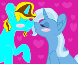 Size: 1024x846 | Tagged: safe, artist:princess-kitsune-tsu, trixie, oc, pony, unicorn, g4, blush sticker, blushing, boop, canon x oc, eyes closed, female, male, noseboop, shipping, straight