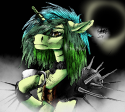 Size: 2734x2455 | Tagged: safe, artist:brainiac, oc, oc only, oc:piper, pony, coffee cup, cup, eclipse, floppy ears, high res, raider armor, scar, solo, spiked armor, spikes