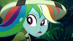Size: 1920x1080 | Tagged: safe, screencap, rainbow dash, equestria girls, g4, leaping off the page, my little pony equestria girls: summertime shorts, close-up, faic, female, hat, pith helmet, solo