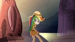 Size: 1920x1080 | Tagged: safe, screencap, rainbow dash, equestria girls, g4, leaping off the page, my little pony equestria girls: summertime shorts, clothes, female, flashlight (object), legs, midriff, skirt, solo, statue