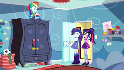 Size: 1920x1080 | Tagged: safe, screencap, rainbow dash, rarity, sci-twi, twilight sparkle, equestria girls, g4, leaping off the page, my little pony equestria girls: summertime shorts, book, bookshelf, boots, bowtie, christmas lights, clothes, compression shorts, cup, dresser, female, football, glasses, mary janes, ponytail, rainbow dash's bedroom, rainbow dash's house, shoes, skirt, socks
