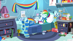 Size: 1920x1080 | Tagged: safe, screencap, rainbow dash, equestria girls, g4, leaping off the page, my little pony equestria girls: summertime shorts, boots, clothes, compression shorts, converse, cute, eyes closed, female, rainbow dash's bedroom, shoes, skirt, socks, solo