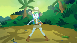 Size: 1920x1080 | Tagged: safe, screencap, rainbow dash, eqg summertime shorts, equestria girls, g4, leaping off the page, belt, boots, clothes, crown, female, hat, jewelry, legs, midriff, pith helmet, regalia, shoes, short shirt, skirt, solo