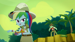 Size: 1920x1080 | Tagged: safe, screencap, rainbow dash, slingshot (g4), equestria girls, g4, leaping off the page, my little pony equestria girls: summertime shorts, angry, clothes, crown, female, hat, jewelry, midriff, pith helmet, regalia, short shirt, skirt