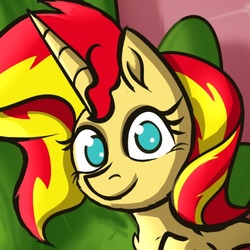 Size: 500x500 | Tagged: safe, artist:calena, derpibooru exclusive, edit, sunset shimmer, pony, unicorn, g4, avatar, female, happy, horn, looking at you, meme, profile, solo, stare