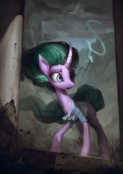 Size: 850x1200 | Tagged: safe, artist:assasinmonkey, mistmane, dragon, pony, unicorn, campfire tales, g4, clothes, digital painting, female, mare, open mouth