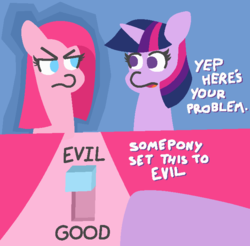 Size: 691x679 | Tagged: safe, artist:threetwotwo32232, pinkie pie, twilight sparkle, earth pony, pony, unicorn, g4, clown without pity, comic, dialogue, duo, looking at each other, male, newbie artist training grounds, parody, pinkamena diane pie, simpsons did it, switch, the simpsons, treehouse of horror, treehouse of horror iii