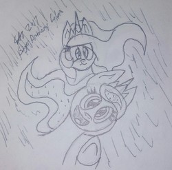 Size: 1420x1405 | Tagged: safe, artist:derpanater, princess celestia, princess luna, pony, g4, 30 minute art challenge, crown, eclipse, jewelry, regalia, silly, solar eclipse, traditional art