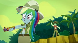 Size: 1365x767 | Tagged: safe, screencap, rainbow dash, slingshot (g4), eqg summertime shorts, equestria girls, g4, leaping off the page, clothes, female, jewelry, midriff, short shirt, skirt, tiara
