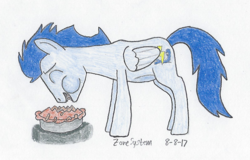 Size: 1199x767 | Tagged: safe, artist:zonesystem, soarin', pegasus, pony, g4, atg 2017, food, male, newbie artist training grounds, pie, signature, solo, stallion, that pony sure does love pies, traditional art