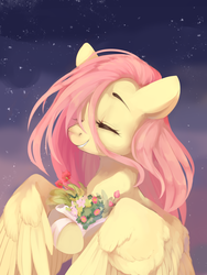 Size: 3000x4000 | Tagged: safe, artist:haidiannotes, fluttershy, pegasus, pony, bouquet, bust, cute, eyes closed, female, flower, happy, high res, hoof hold, mare, night, portrait, shyabetes, smiling, solo, spread wings, starry night, stars, stray strand, three quarter view, wings