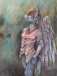 Size: 755x1000 | Tagged: safe, artist:chasingthesilverstag, rainbow dash, anthro, g4, clothes, female, folded wings, hand in pocket, jeans, pants, rain, shirt, smiling, solo, wet clothes, wet mane, wet shirt