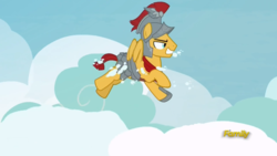 Size: 1366x768 | Tagged: safe, screencap, flash magnus, pegasus, pony, campfire tales, g4, cloud, flash magnus savior of the universe, flying, male, royal legion, shit eating grin, sky, stallion