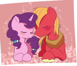 Size: 800x683 | Tagged: safe, artist:puetsua, big macintosh, sugar belle, earth pony, pony, unicorn, g4, eyes closed, female, heart, male, mare, prone, ship:sugarmac, shipping, smiling, stallion, straight