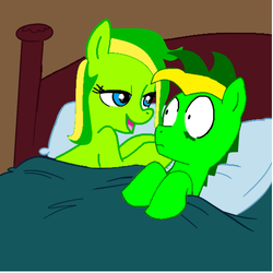 Size: 502x502 | Tagged: safe, artist:didgereethebrony, artist:madmax, oc, oc only, oc:boomerang beauty, oc:didgeree, pony, aftersex ponies, boomeree, morning after, needs more saturation, pillow, self paradox, surprised, wide eyes