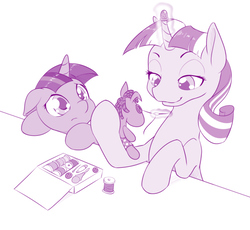 Size: 1000x919 | Tagged: safe, artist:dstears, smarty pants, twilight sparkle, twilight velvet, pony, unicorn, g4, atg 2017, cute, female, filly, filly twilight sparkle, glowing horn, horn, mare, mother and daughter, newbie artist training grounds, repairing, sewing, sewing needle, simple background, smiling, thimble, twiabetes, younger