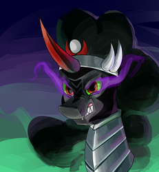 Size: 1200x1300 | Tagged: safe, artist:passigcamel, king sombra, pony, unicorn, g4, bust, curved horn, fangs, gritted teeth, horn, male, solo, sombra eyes, stallion
