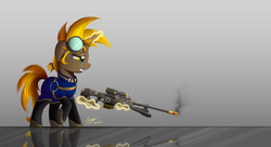 Size: 2500x1363 | Tagged: safe, artist:duskie-06, oc, oc only, oc:golden gear, pony, unicorn, clothes, commission, crying, female, glowing horn, goggles, gun, hooves, horn, levitation, magic, mare, optical sight, overalls, reflection, rifle, simple background, smoke, sniper rifle, solo, teeth, telekinesis, weapon