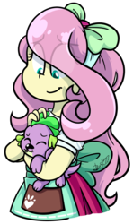 Size: 2292x3871 | Tagged: safe, artist:befishproductions, fluttershy, spike, spike the regular dog, dog, eqg summertime shorts, equestria girls, g4, pet project, apron, bow, clothes, duo, hair bow, high res, signature, simple background, transparent background
