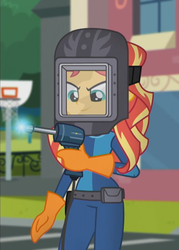 Size: 775x1080 | Tagged: safe, screencap, sunset shimmer, equestria girls, g4, get the show on the road, my little pony equestria girls: summertime shorts, female, solo, sunset welder, welding, welding mask