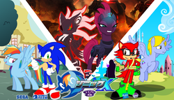 Size: 2500x1429 | Tagged: safe, artist:trungtranhaitrung, rainbow dash, tempest shadow, oc, oc:delta brony, alicorn, pony, g4, my little pony: the movie, alicorn oc, crossover, female, gadget the wolf, male, mare, sonic boom, sonic forces, sonic the hedgehog, sonic the hedgehog (series), sonic x, stallion