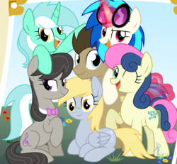 Size: 5094x4700 | Tagged: safe, artist:yaco, bon bon, derpy hooves, dj pon-3, doctor whooves, lyra heartstrings, octavia melody, sweetie drops, time turner, vinyl scratch, earth pony, pegasus, pony, unicorn, g4, absurd resolution, background six, female, group, looking at you, male, mane six opening poses, mare, prone, smiling, stallion
