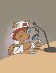 Size: 2550x3300 | Tagged: safe, artist:cobaltsketch, oc, oc only, oc:tick tick, pegasus, pony, atg 2017, cap, clock, clockwork, clothes, hat, high res, magnifying glass, newbie artist training grounds, one eye closed, solo, tongue out