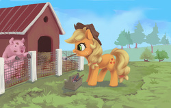 Size: 1500x947 | Tagged: safe, artist:egn, applejack, pig, pony, g4, atg 2017, equestria daily exclusive, female, fence, mouth hold, newbie artist training grounds, solo