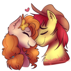 Size: 1840x1827 | Tagged: safe, artist:squeeesh, bright mac, pear butter, earth pony, pony, g4, the perfect pear, boop, bust, chest fluff, cute, ear fluff, eyes closed, female, flower, flower in hair, fluffy, heart, male, mare, noseboop, pearabetes, portrait, profile, ship:brightbutter, shipping, simple background, smiling, stallion, straight, transparent background