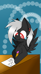 Size: 746x1328 | Tagged: safe, artist:luriel maelstrom, oc, oc only, oc:luriel maelstrom, pegasus, pony, :t, abstract background, chest fluff, crying, drawing, female, hoof hold, mare, piercing, scrunchy face, spread wings, table, teary eyes, wings