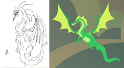 Size: 1057x585 | Tagged: safe, artist:lauren faust, screencap, flare (character), greenblight, twilight sparkle, dragon, campfire tales, g4, season 7, behind the scenes, comparison, concept art, cropped, dragoness, female, lineart, sketch, spoiler, spread wings, what could have been, wings