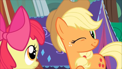 Size: 1920x1080 | Tagged: safe, screencap, apple bloom, applejack, earth pony, pony, campfire tales, g4, one eye closed, tent, wink