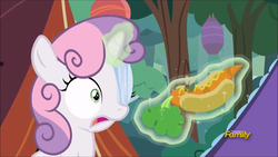 Size: 1920x1080 | Tagged: safe, screencap, sweetie belle, fly-der, pony, unicorn, campfire tales, g4, carrot, carrot dog, discovery family logo, female, filly, food, magic, solo, spider web, telekinesis, tent